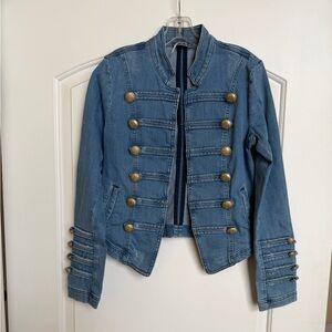 Free People Denim Military-Style Button Jacket in Medium Blue